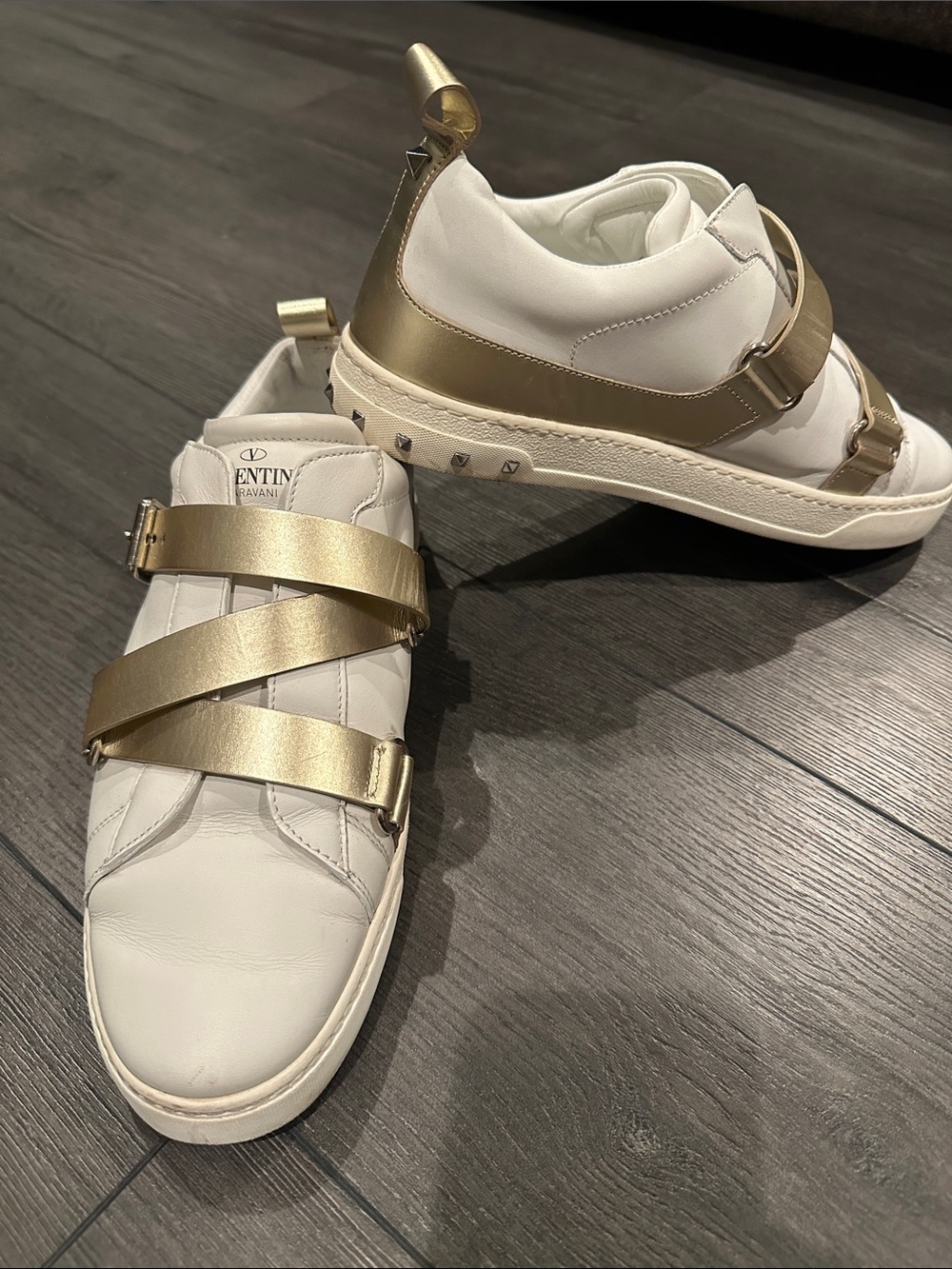 Valentino White Leather Sneakers with Gold Straps